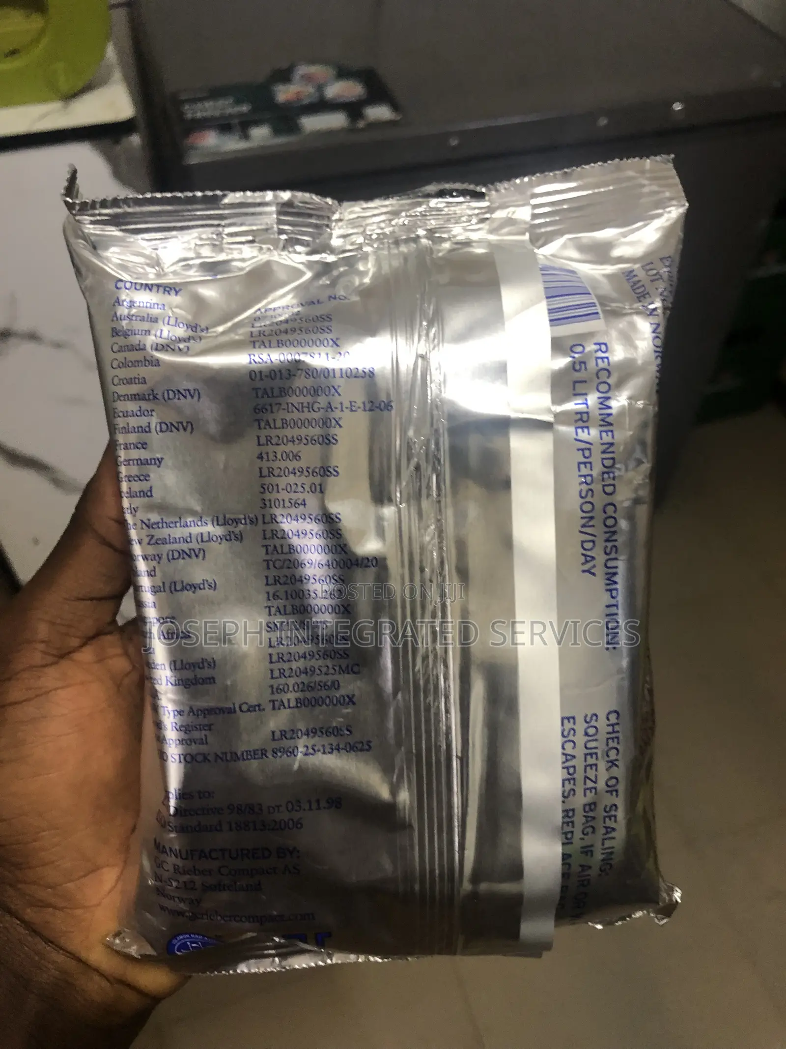 500ml Pouch of Seven Oceans Branded Emergency Drinking Water.