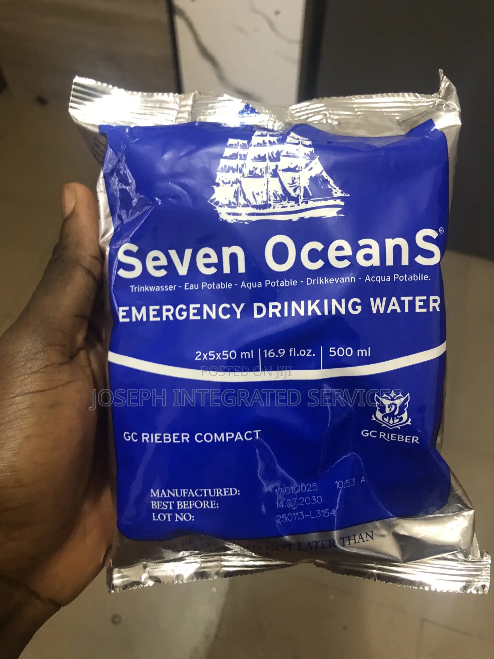 500ml Pouch of Seven Oceans Branded Emergency Drinking Water.