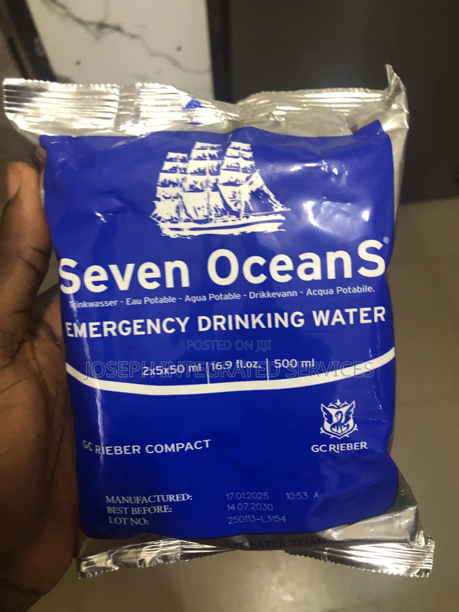 500ml Pouch of Seven Oceans Branded Emergency Drinking Water.
