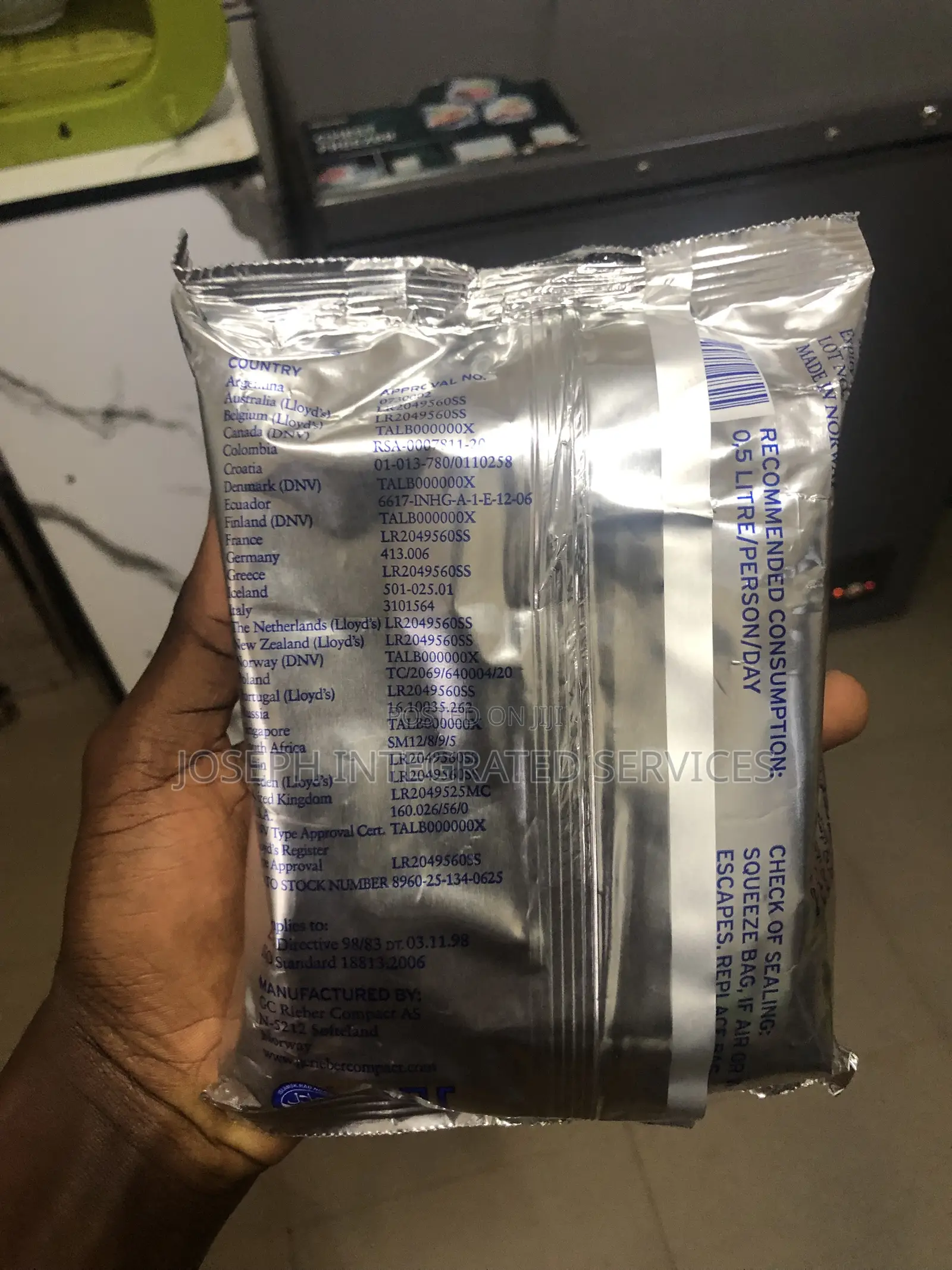 500ml Pouch of Seven Oceans Branded Emergency Drinking Water.