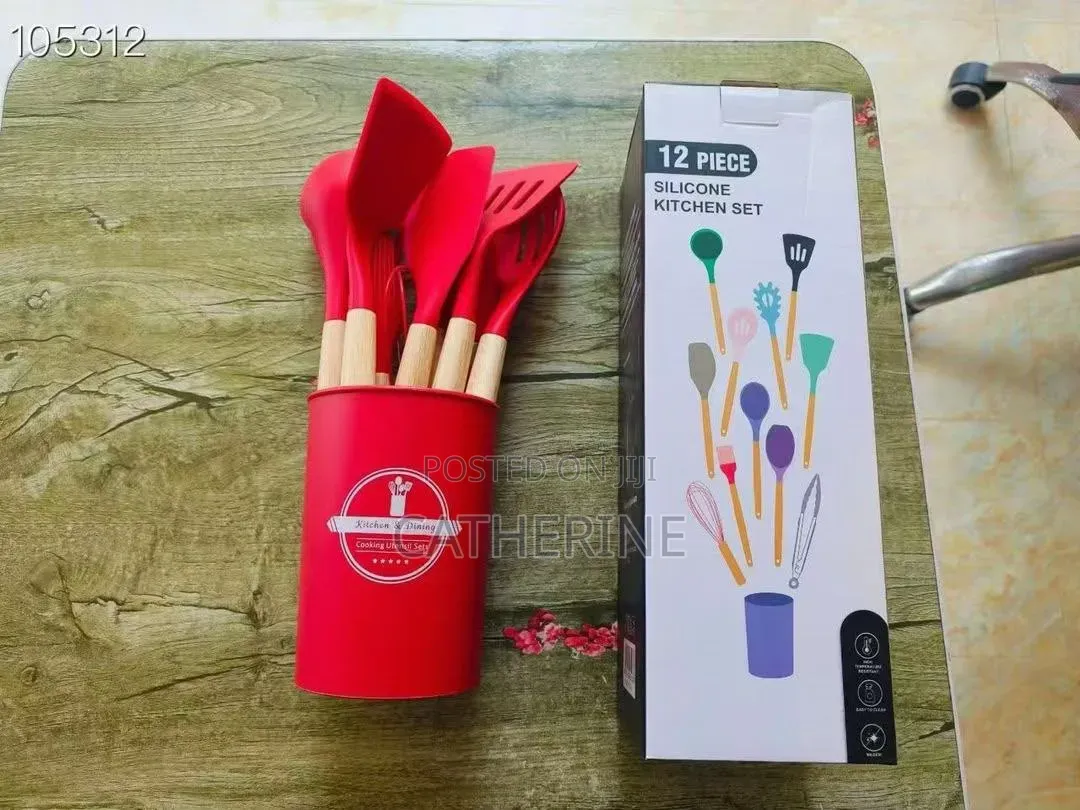 12-Piece Silicone Utensil Set With Wooden Handles Holder