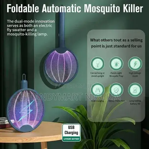 2-in-1 Foldable Mosquito Killer – 180° Adjustable Electric Fly Swatter