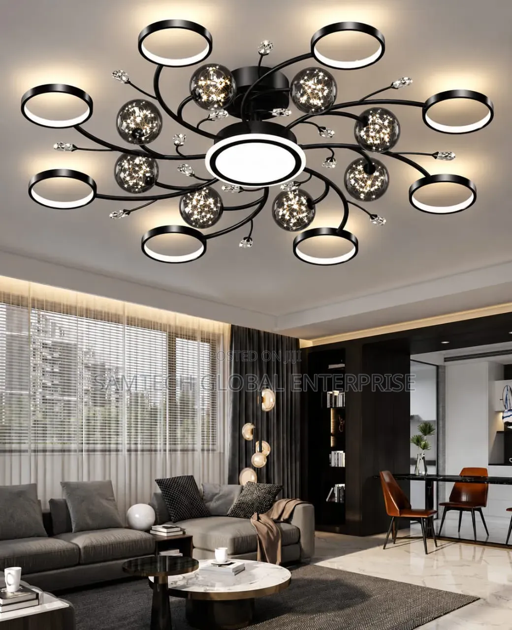 Luxury Modern LED Ring Crystal Chandelier – Black Gold Finish