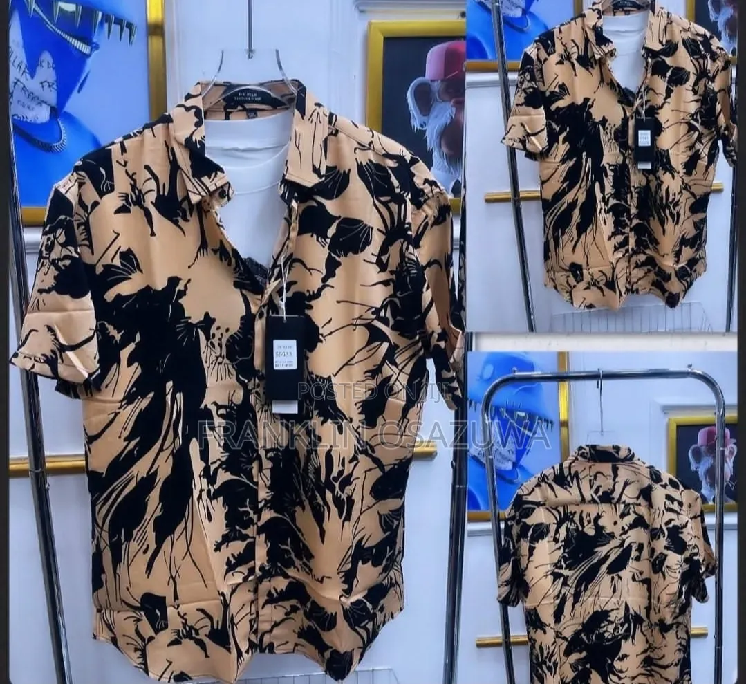 Men's Premium Short Sleeve Floral Print Casual Shirt – Peach/Black