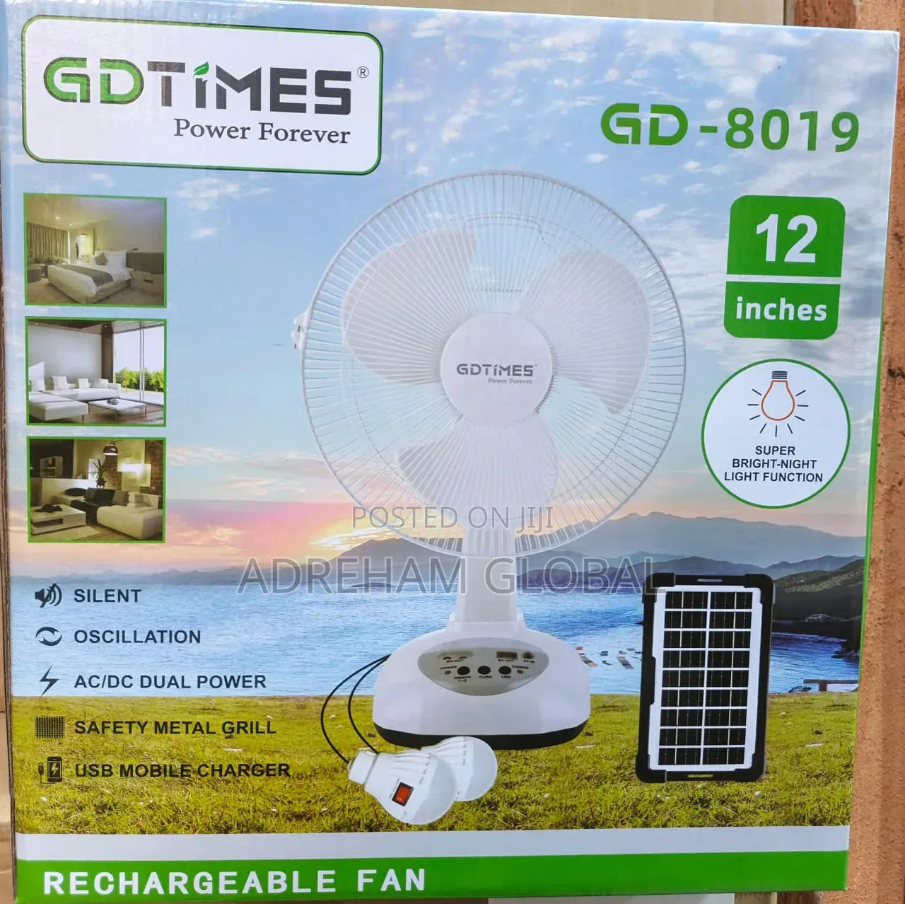 GDTimes 12inches Solar Rechargeable Fan With 2 Bulbs
