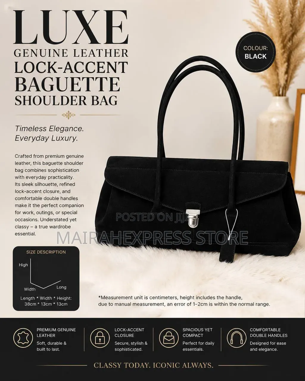 Luxe Genuine Leather Lock-Accent Baguette Shoulder Bag