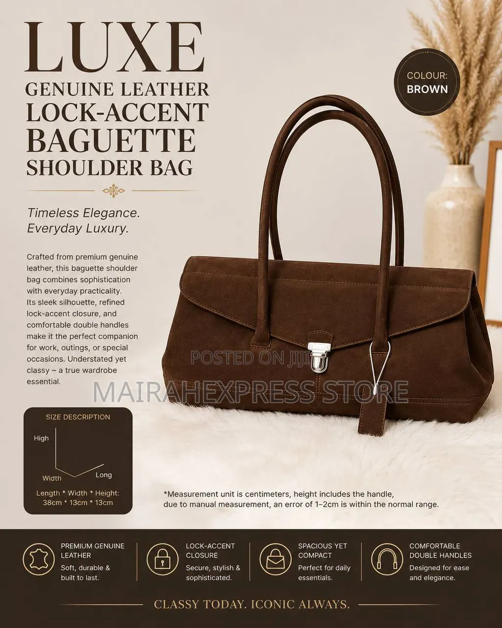 Luxe Genuine Leather Lock-Accent Baguette Shoulder Bag