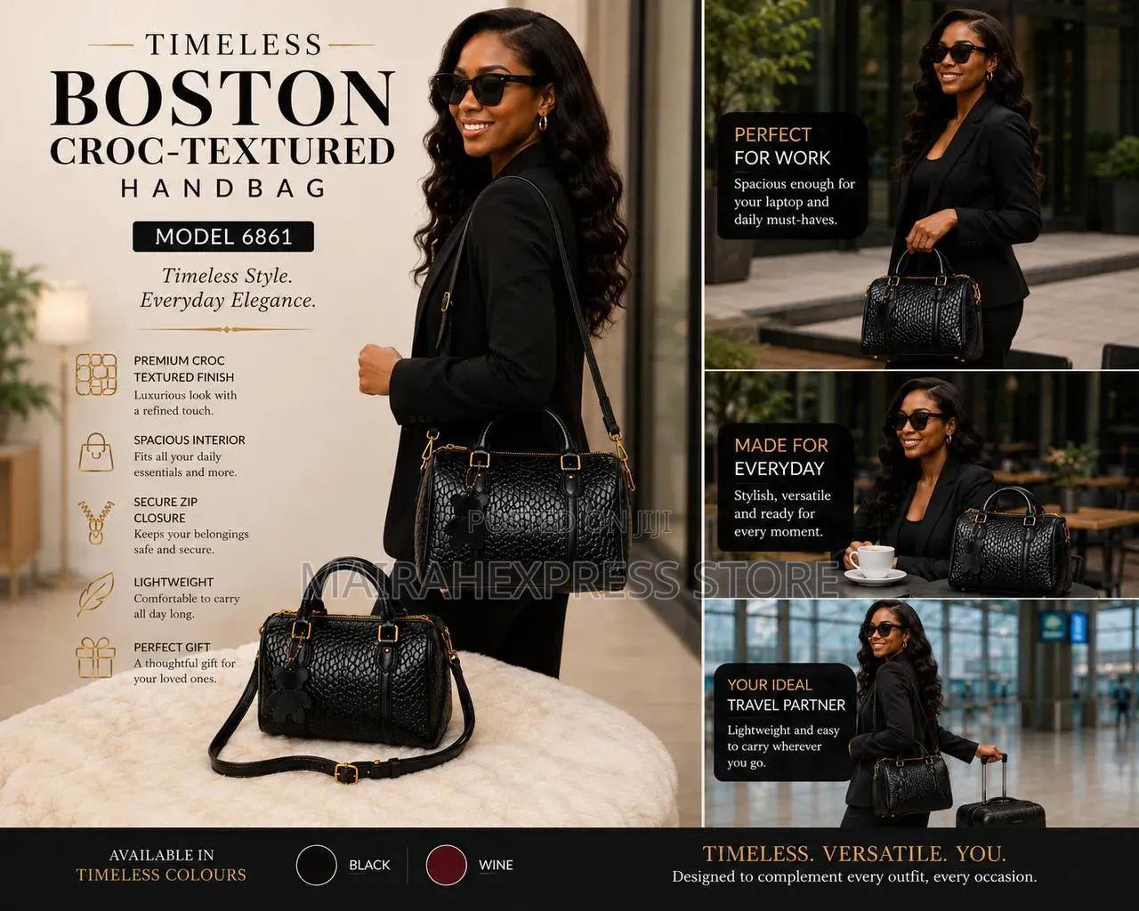 Timeless Boston Croc-Textured Handbag – Model 6861