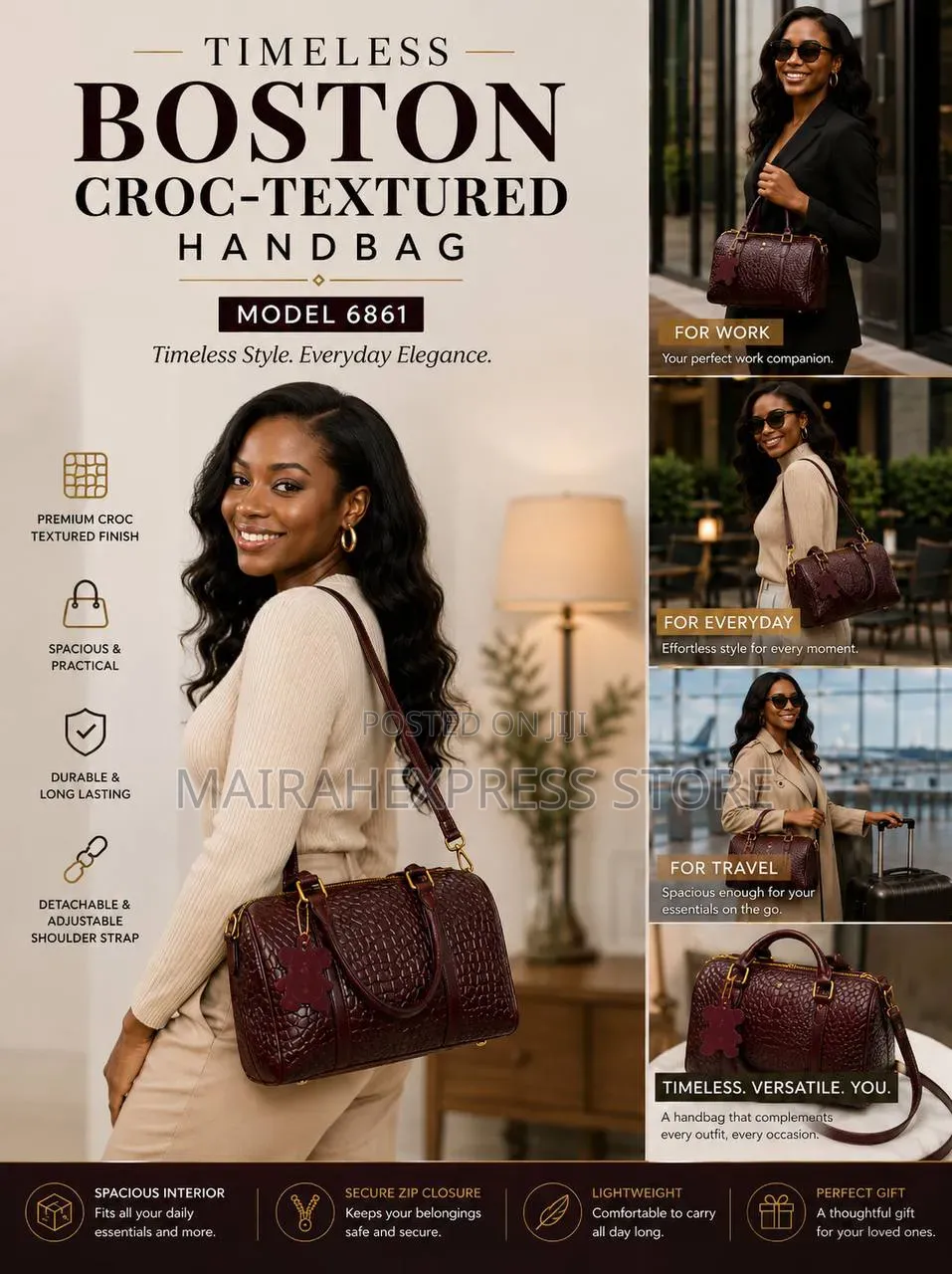 Timeless Boston Croc-Textured Handbag – Model 6861