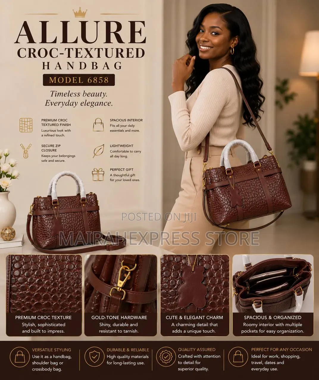 Allure Croc-Textured Genuine Leather Handbag – Model 6858