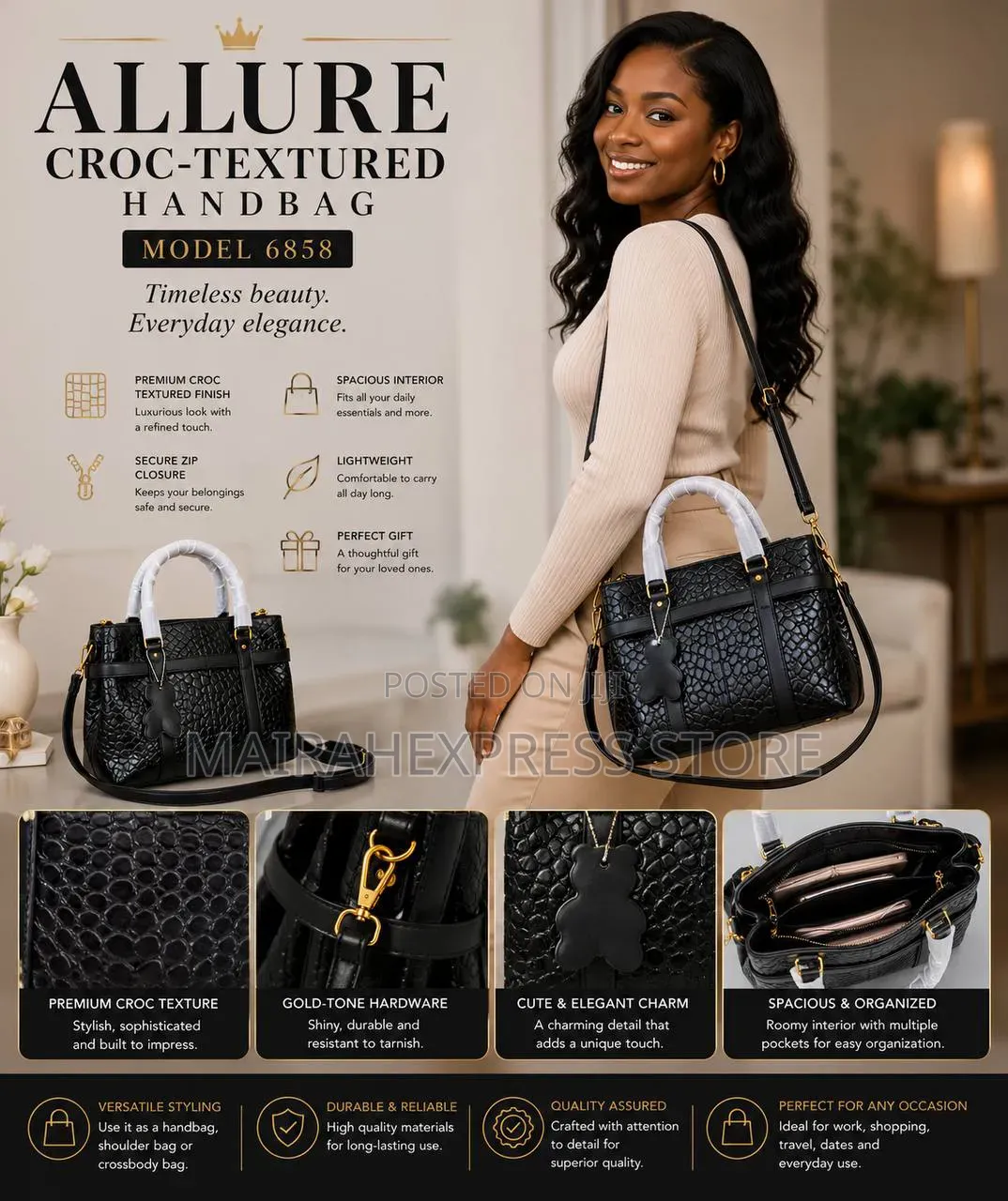 Allure Croc-Textured Genuine Leather Handbag – Model 6858