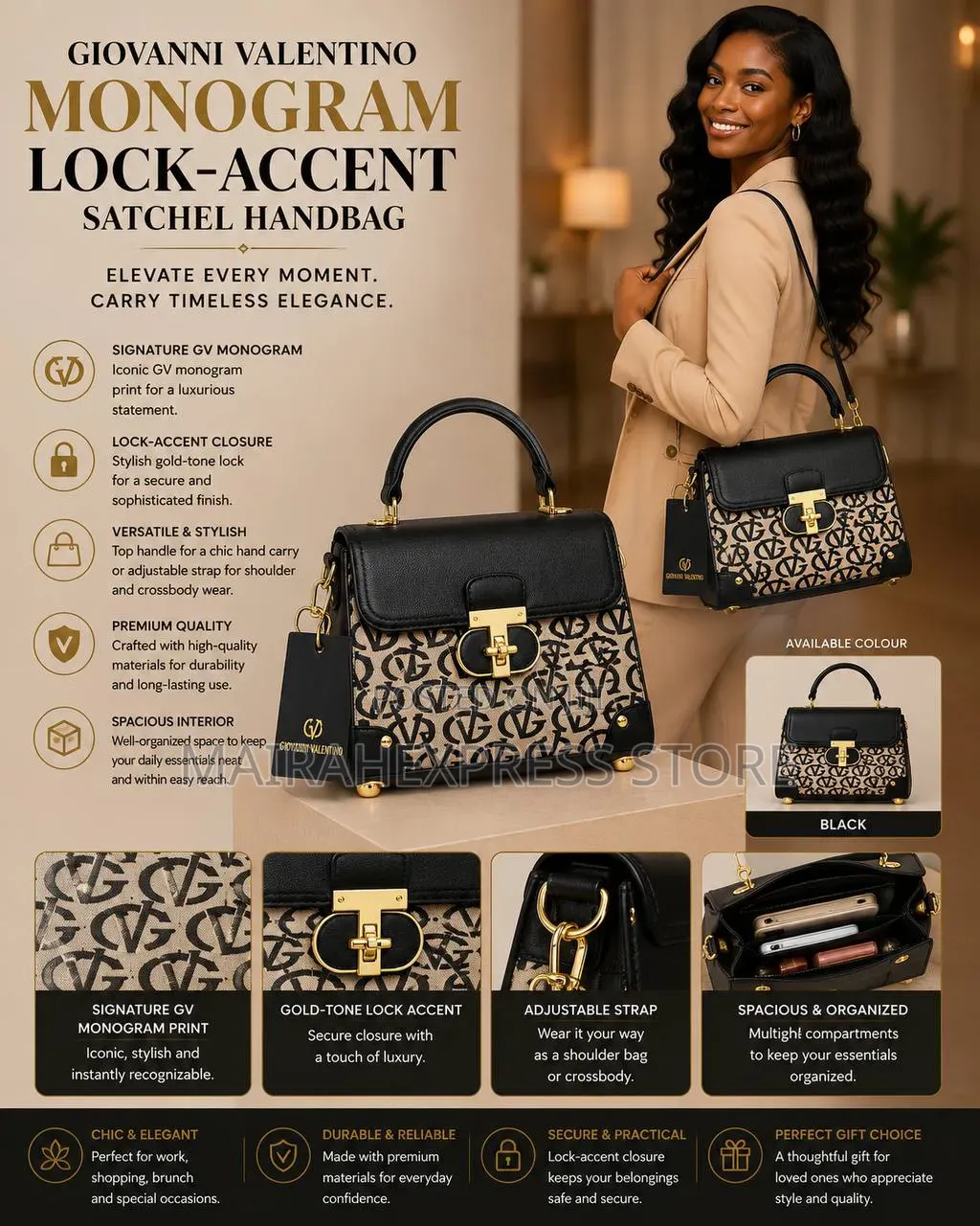 Giovanni Valentino Monogram Lock-Accent Satchel Ladies’ Handbag