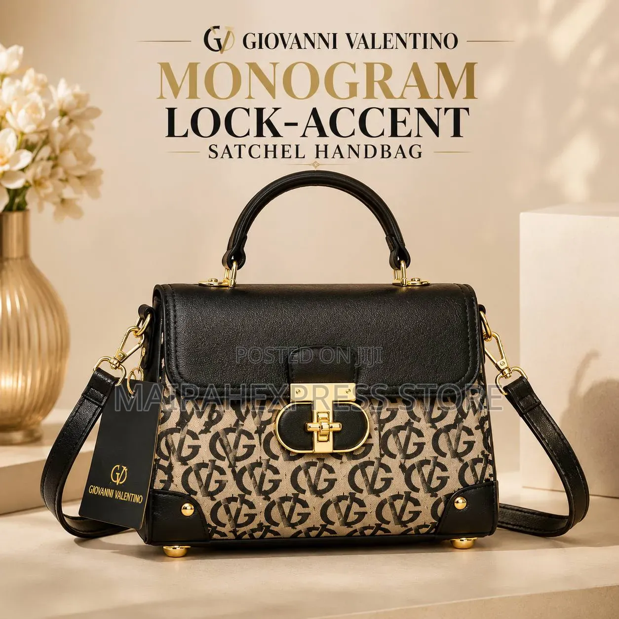 Giovanni Valentino Monogram Lock-Accent Satchel Ladies’ Handbag