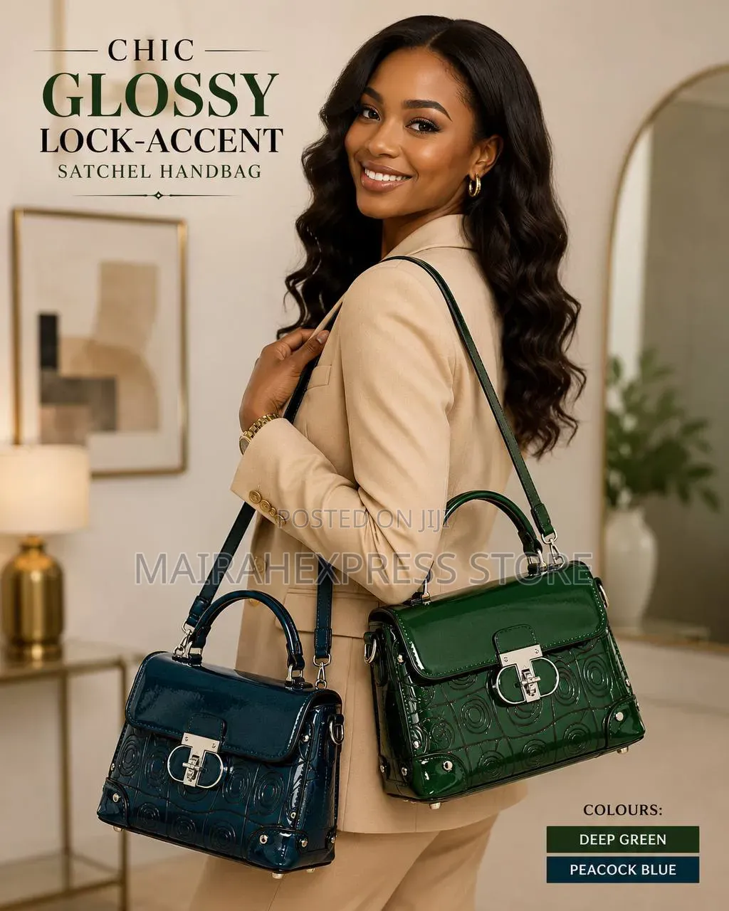 Chic Glossy Lock-Accent Satchel Handbag