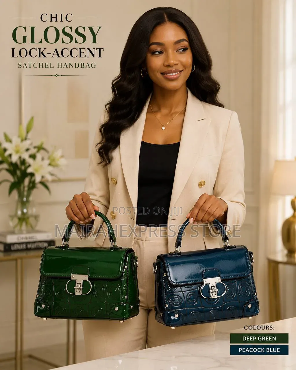 Chic Glossy Lock-Accent Satchel Handbag