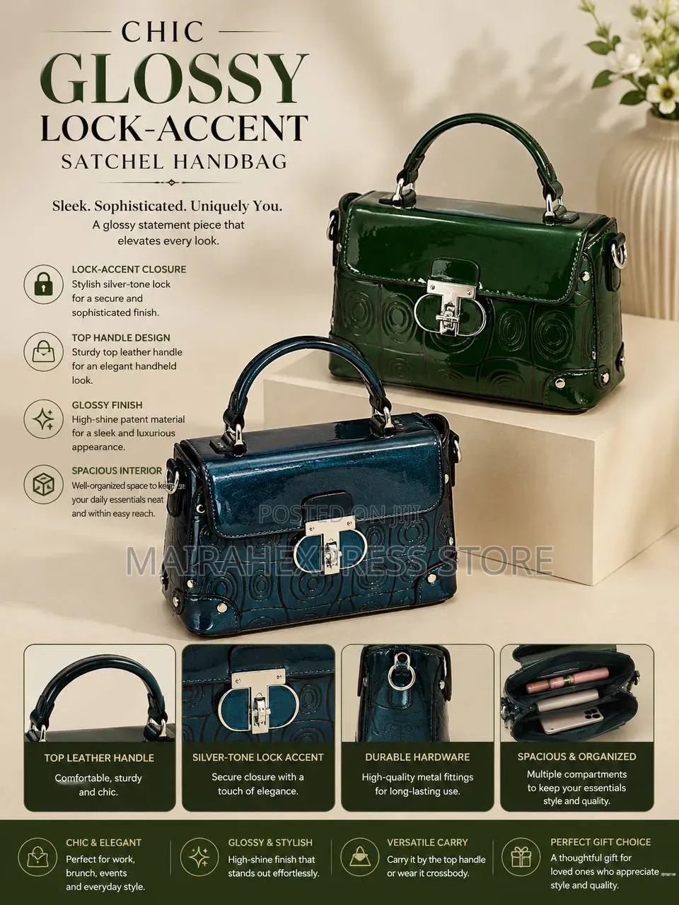 Chic Glossy Lock-Accent Satchel Handbag