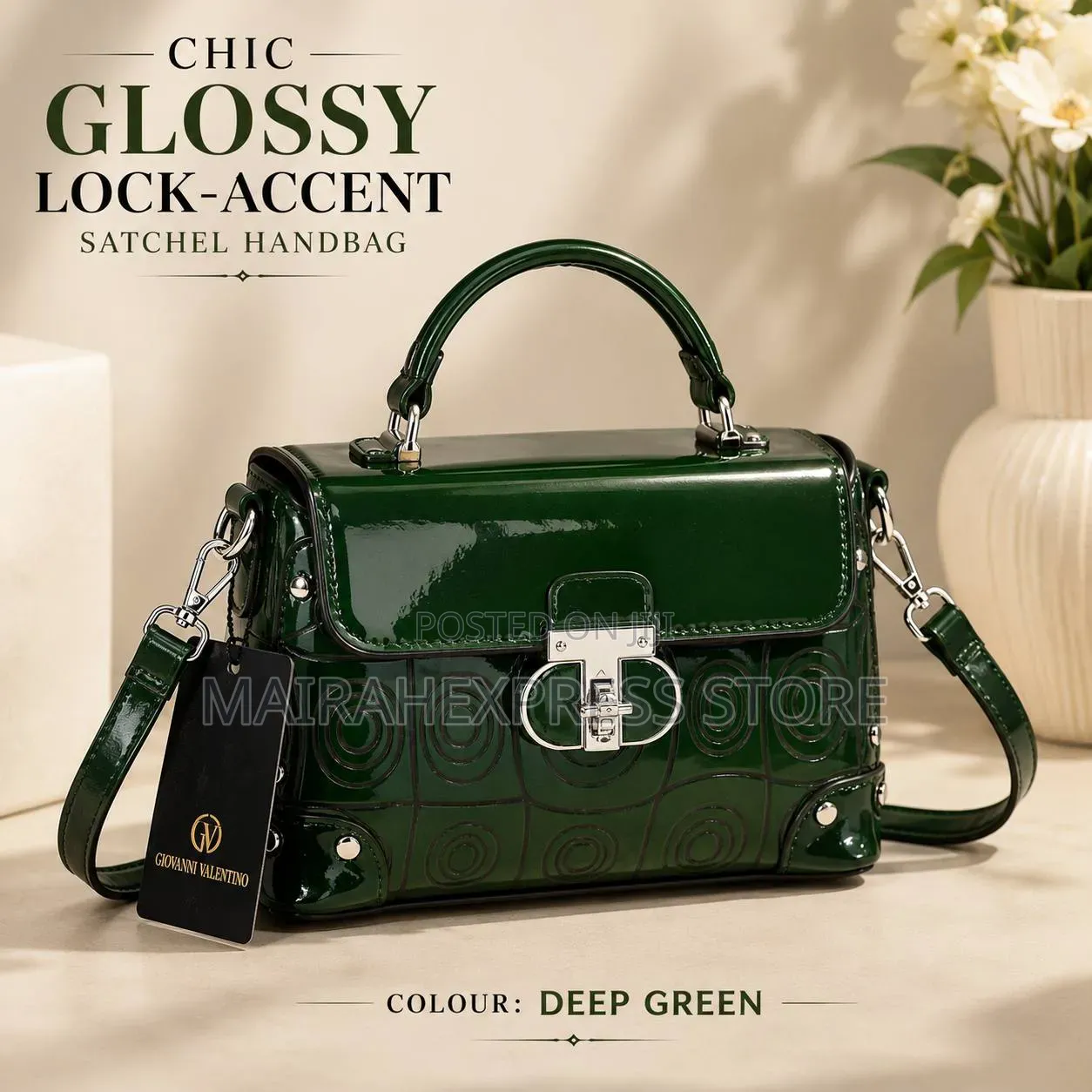 Chic Glossy Lock-Accent Satchel Handbag