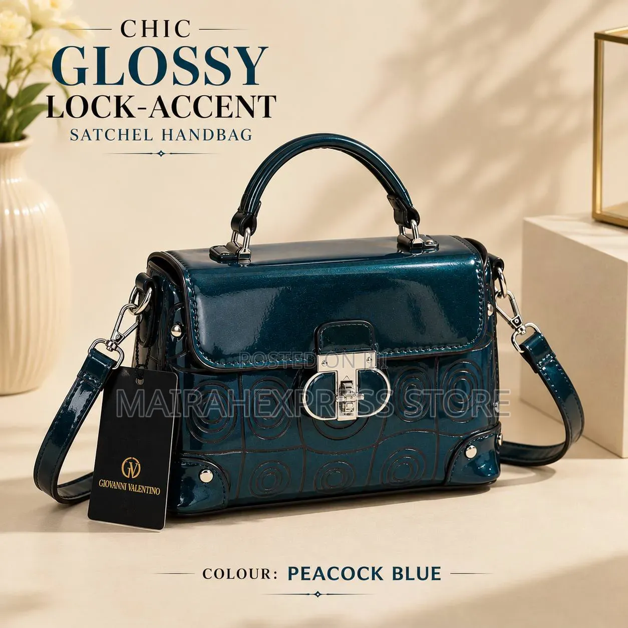 Chic Glossy Lock-Accent Satchel Handbag