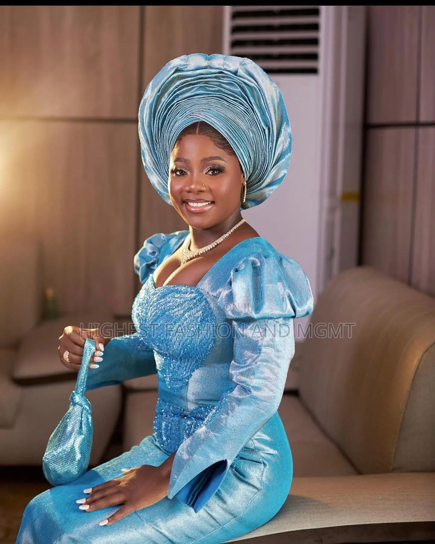 Ice-Blue Damask Corset Gown Agbada Set