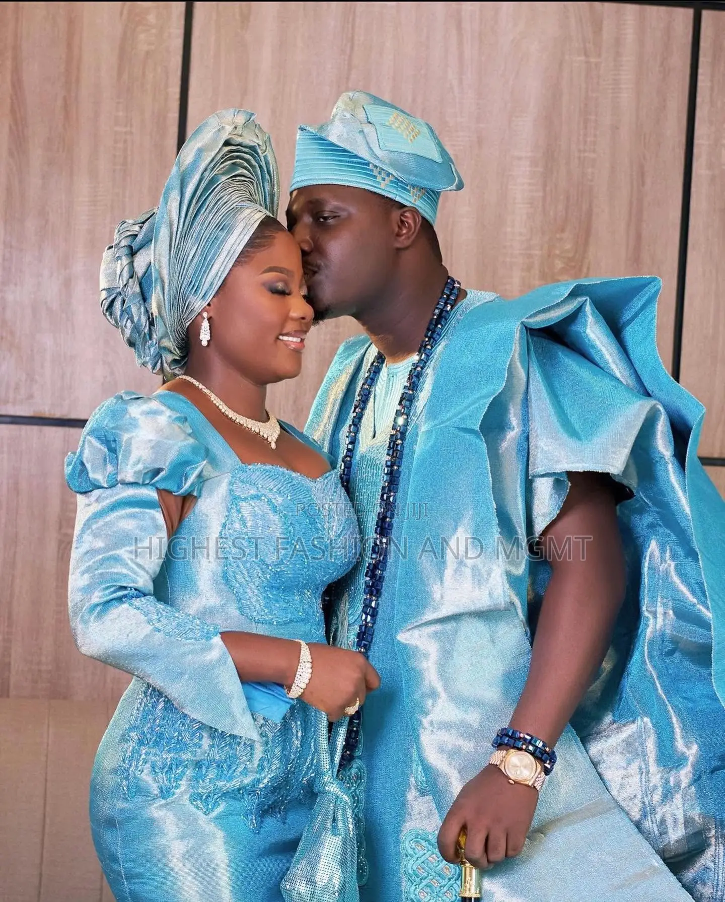 Ice-Blue Damask Corset Gown Agbada Set