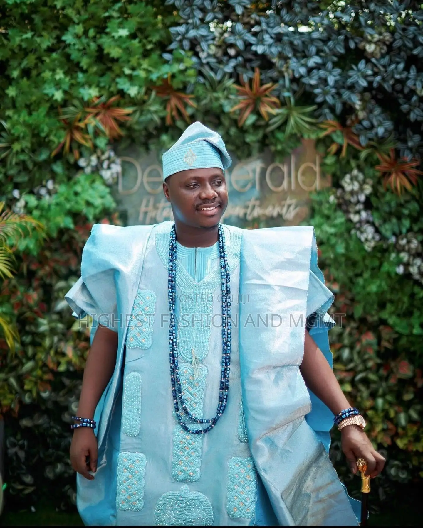 Ice-Blue Damask Corset Gown Agbada Set