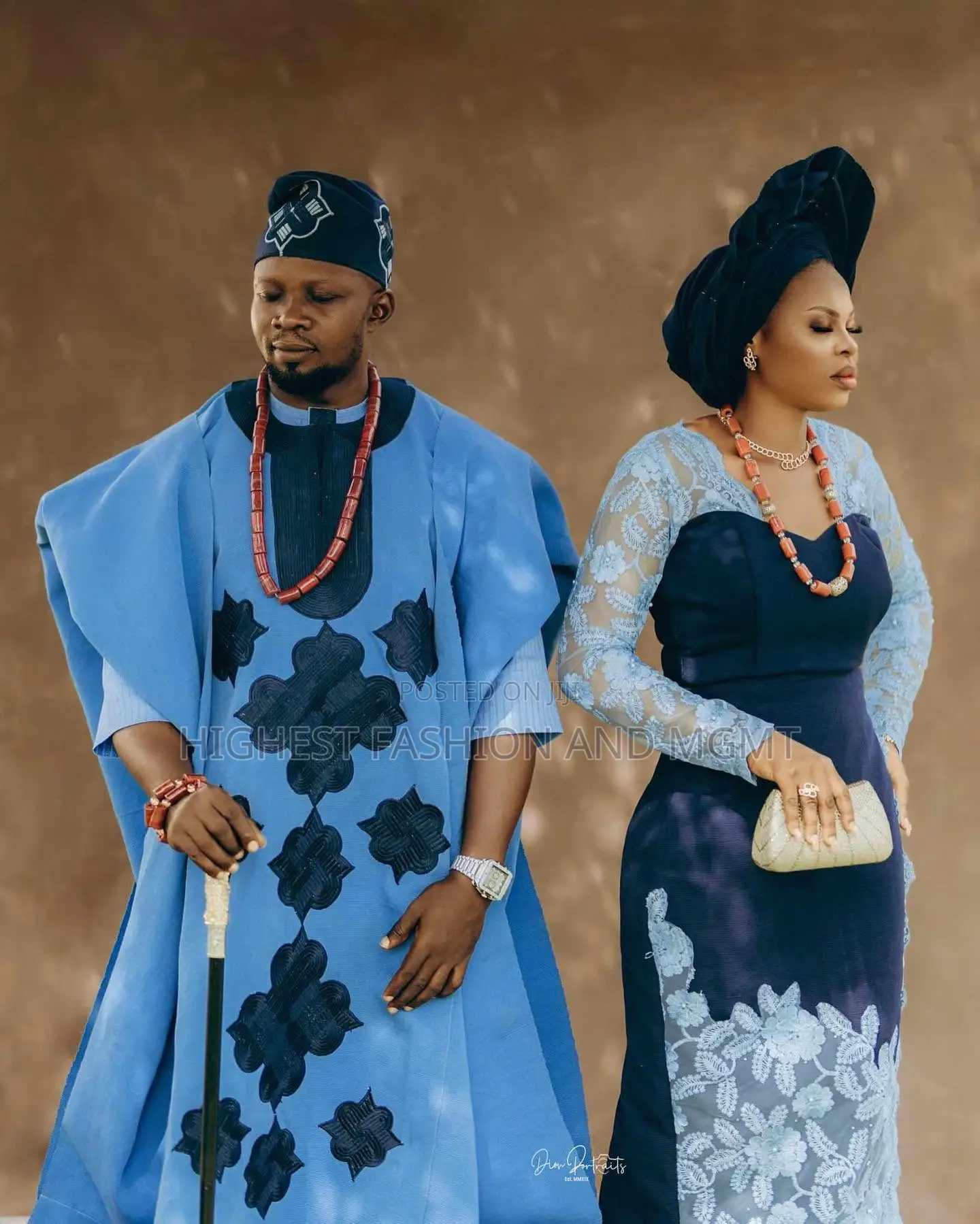 Cornflower-Blue Agbada Navy Lace Gown Set