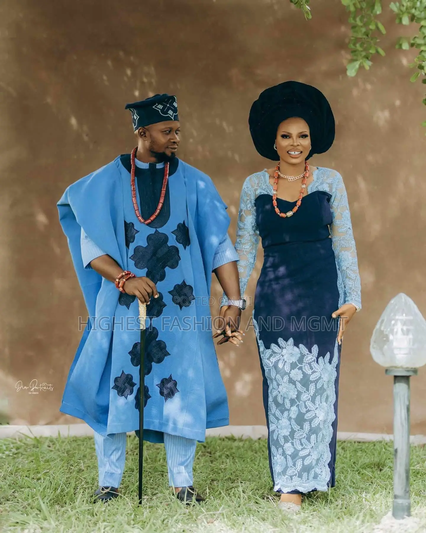 Cornflower-Blue Agbada Navy Lace Gown Set