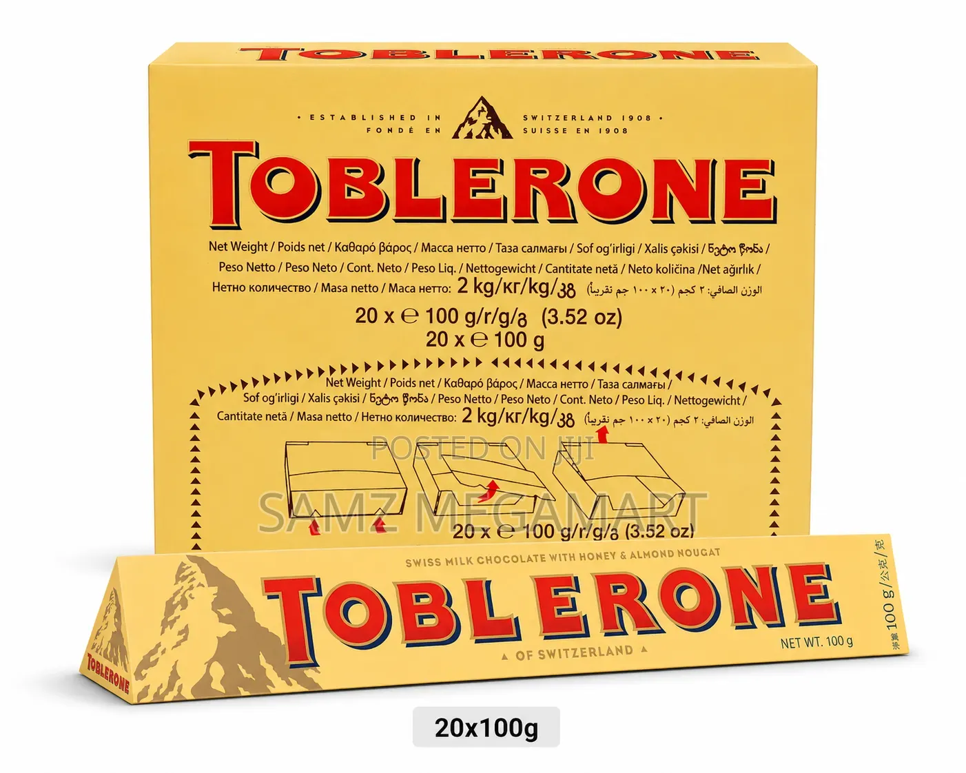 Toblerone Swiss Milk Chocolate With Honey Almond Nougat 20x100g