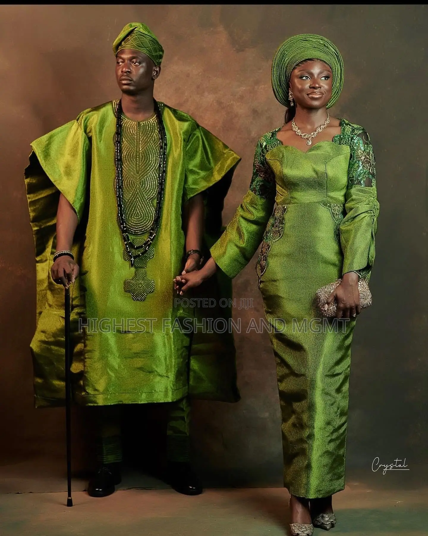 Olive Metallic Brocade Gown Agbada Set