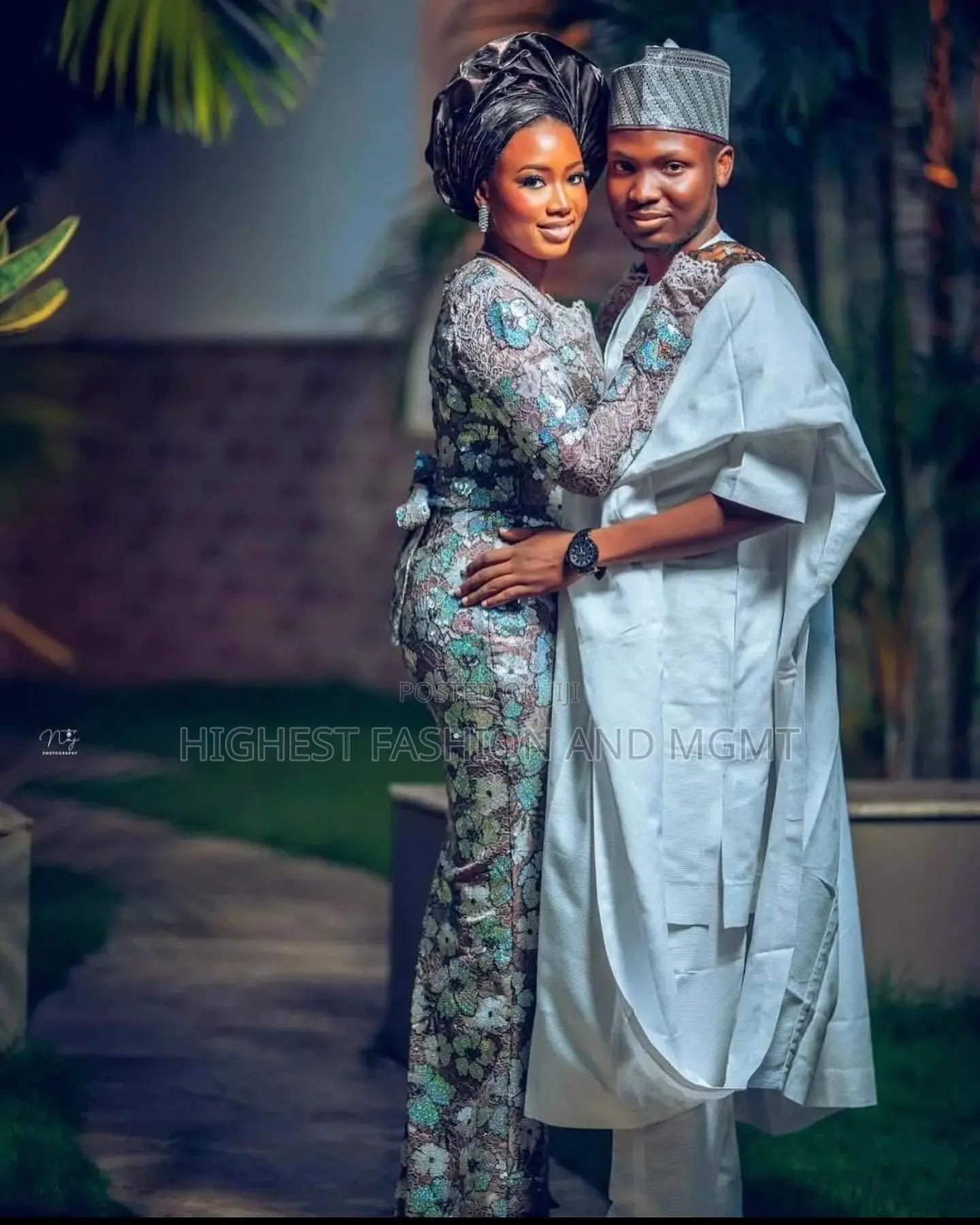 Metallic Floral Lace Gown White Agbada Set