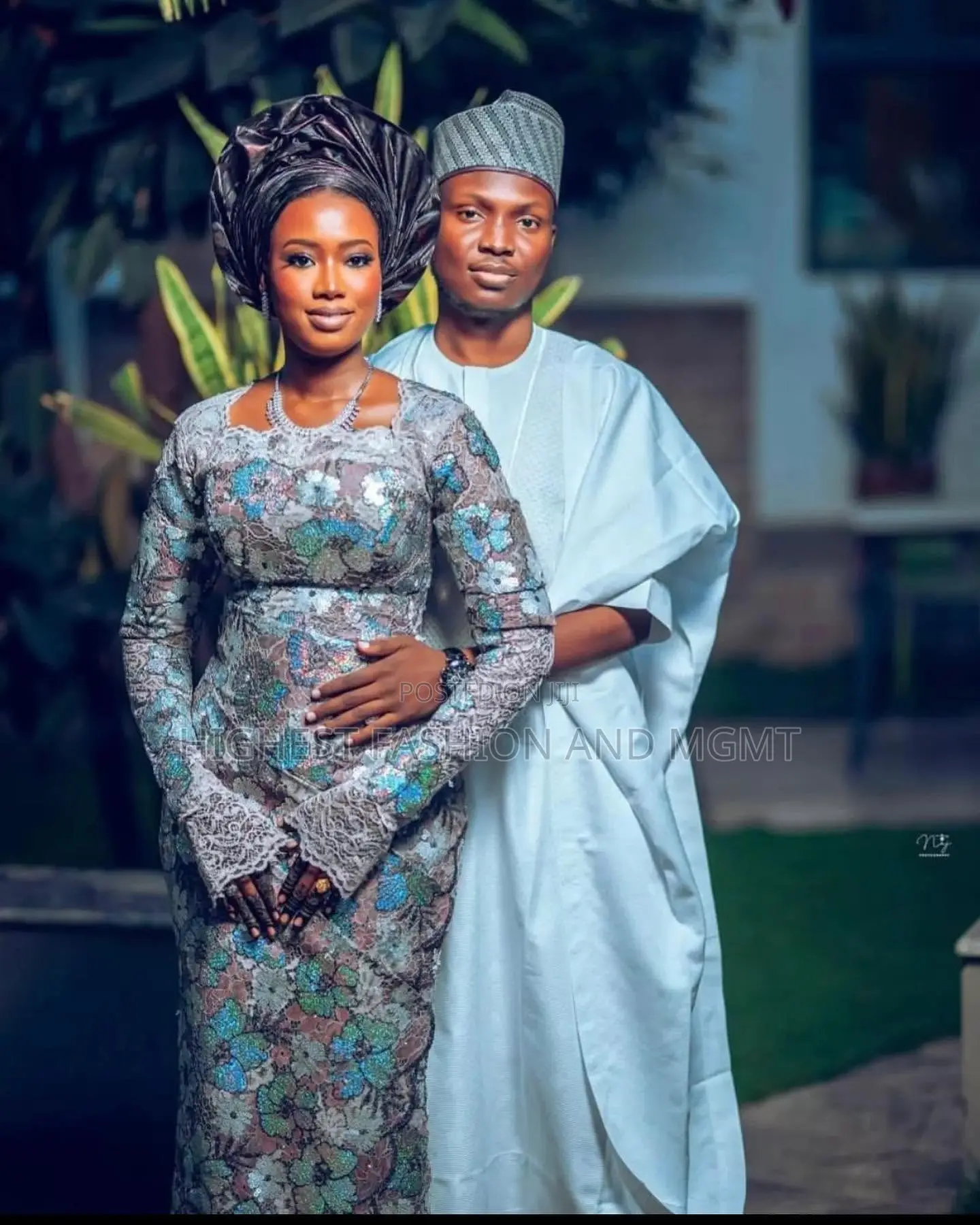 Metallic Floral Lace Gown White Agbada Set