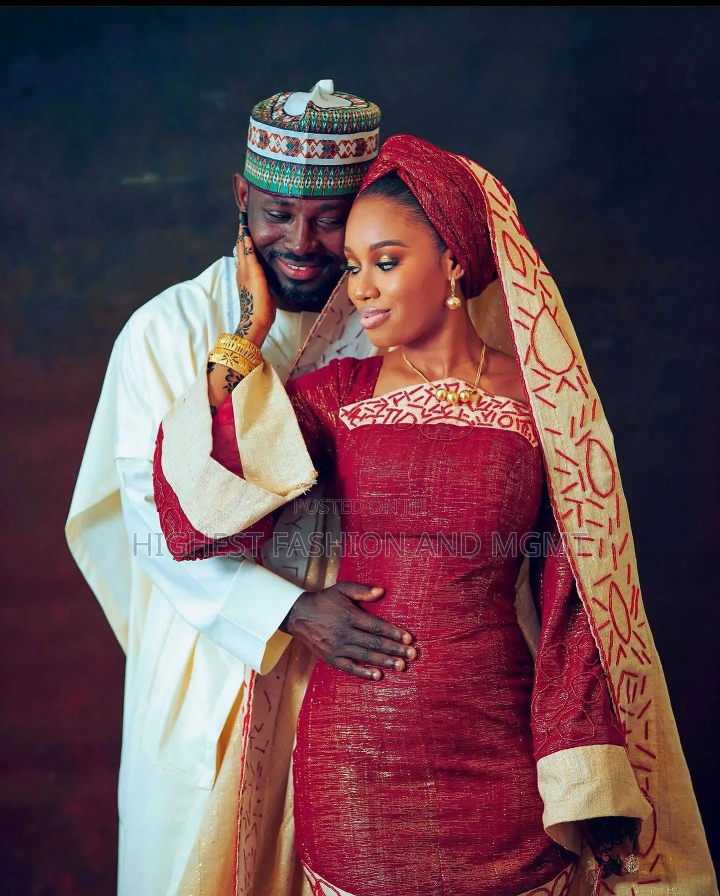 Crimson Brocade Gown Cream Babban Riga Set
