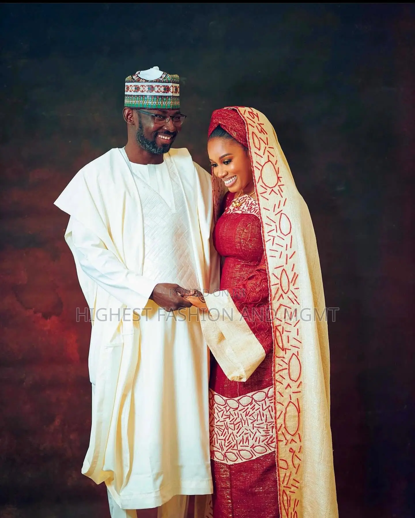 Crimson Brocade Gown Cream Babban Riga Set