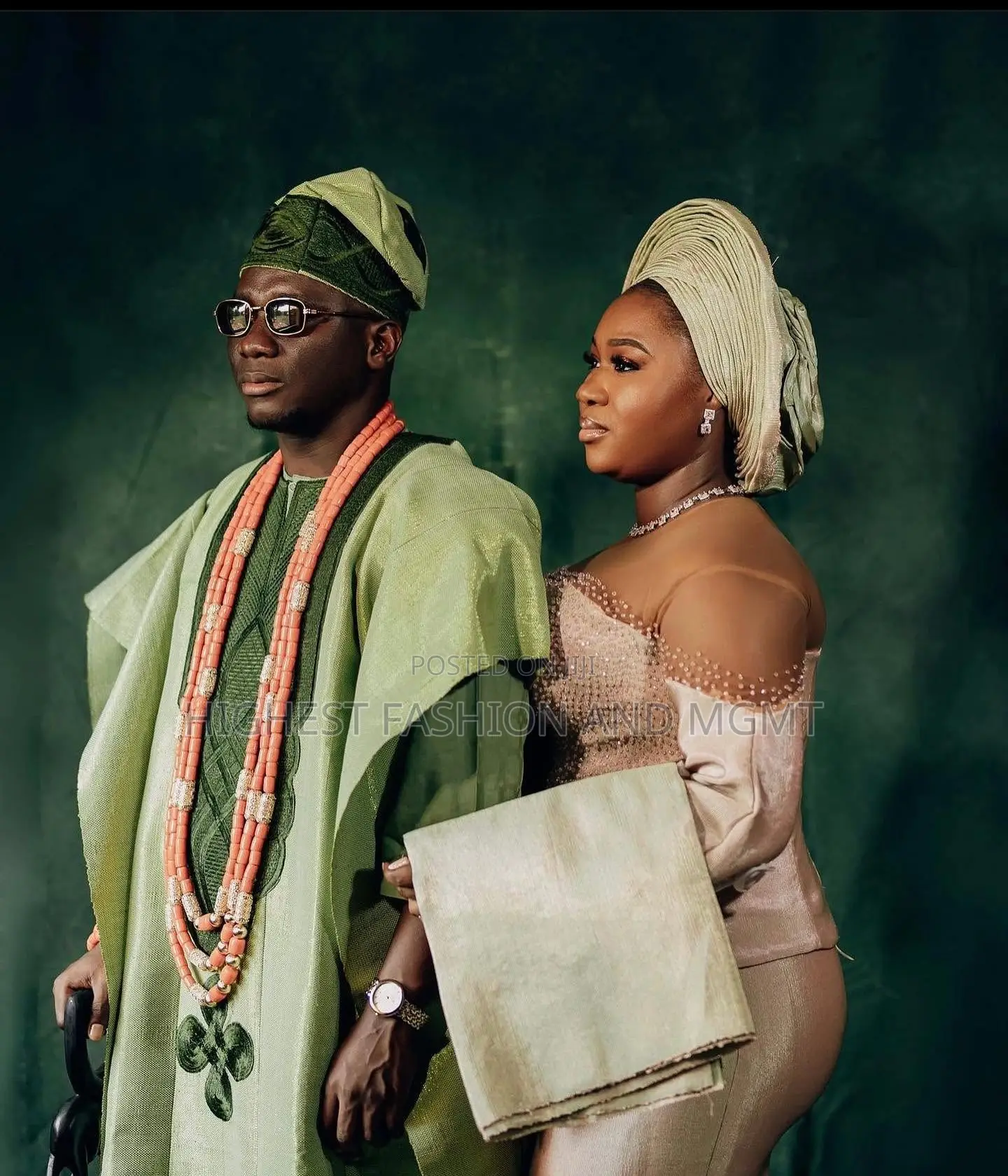 Champagne-Gold Gown Sage-Green Agbada Set