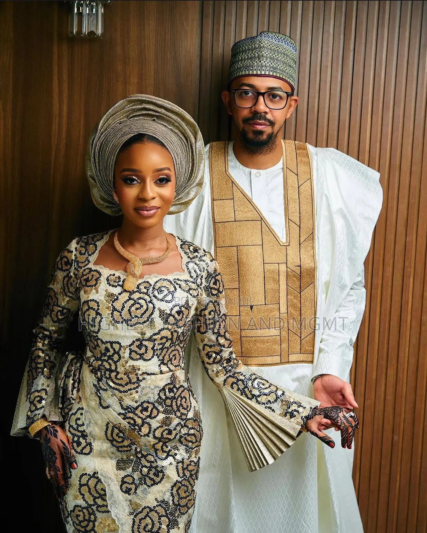 Sequined Floral Gown Geometric Gold Agbada Set