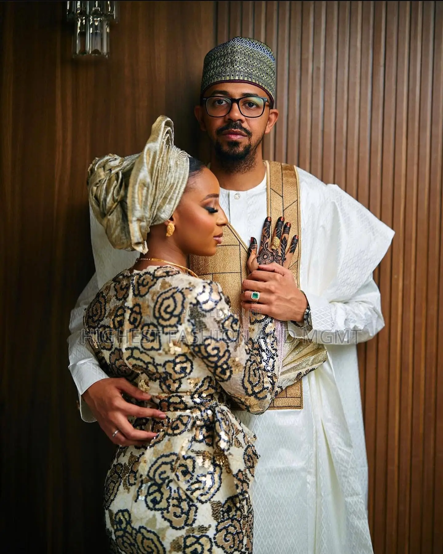 Sequined Floral Gown Geometric Gold Agbada Set