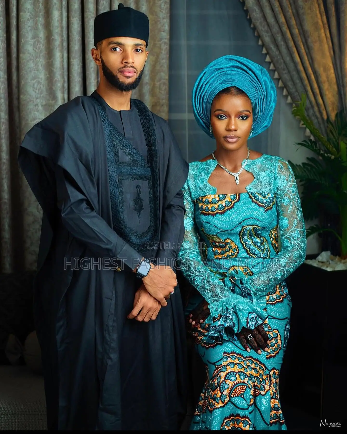 Turquoise Ankara Lace Gown Charcoal Agbada Set
