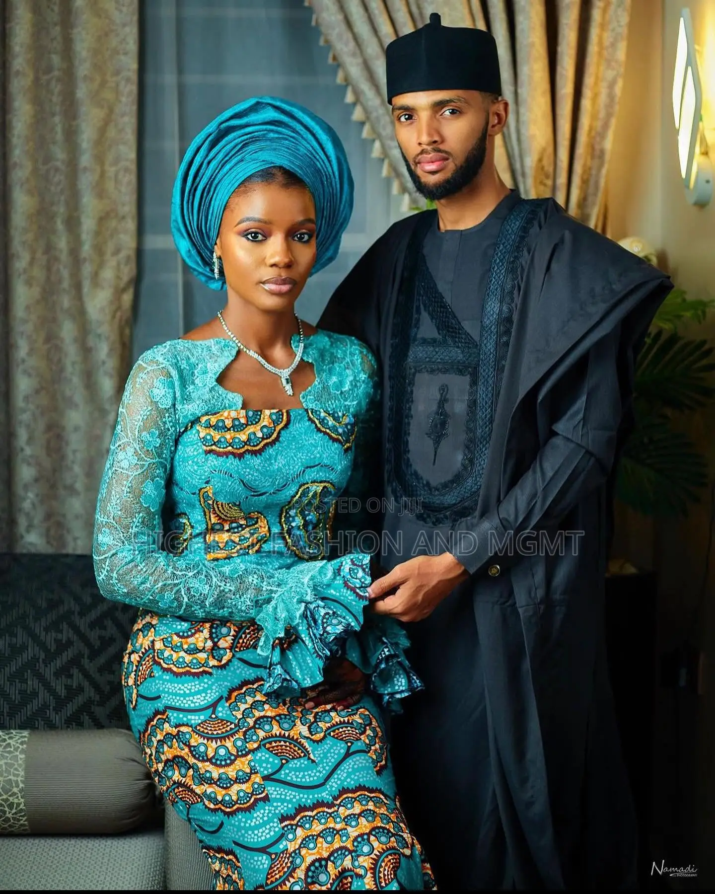 Turquoise Ankara Lace Gown Charcoal Agbada Set