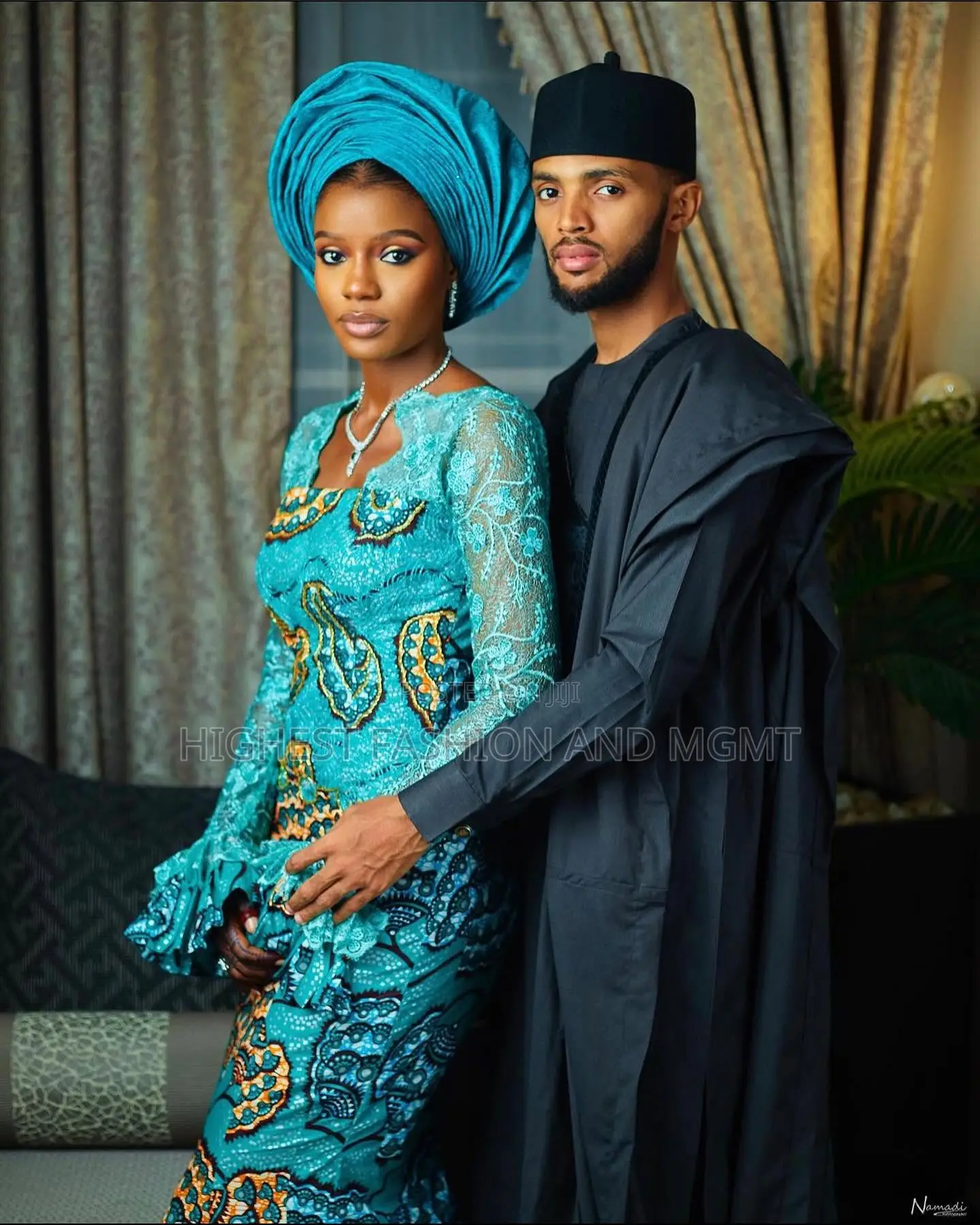 Turquoise Ankara Lace Gown Charcoal Agbada Set