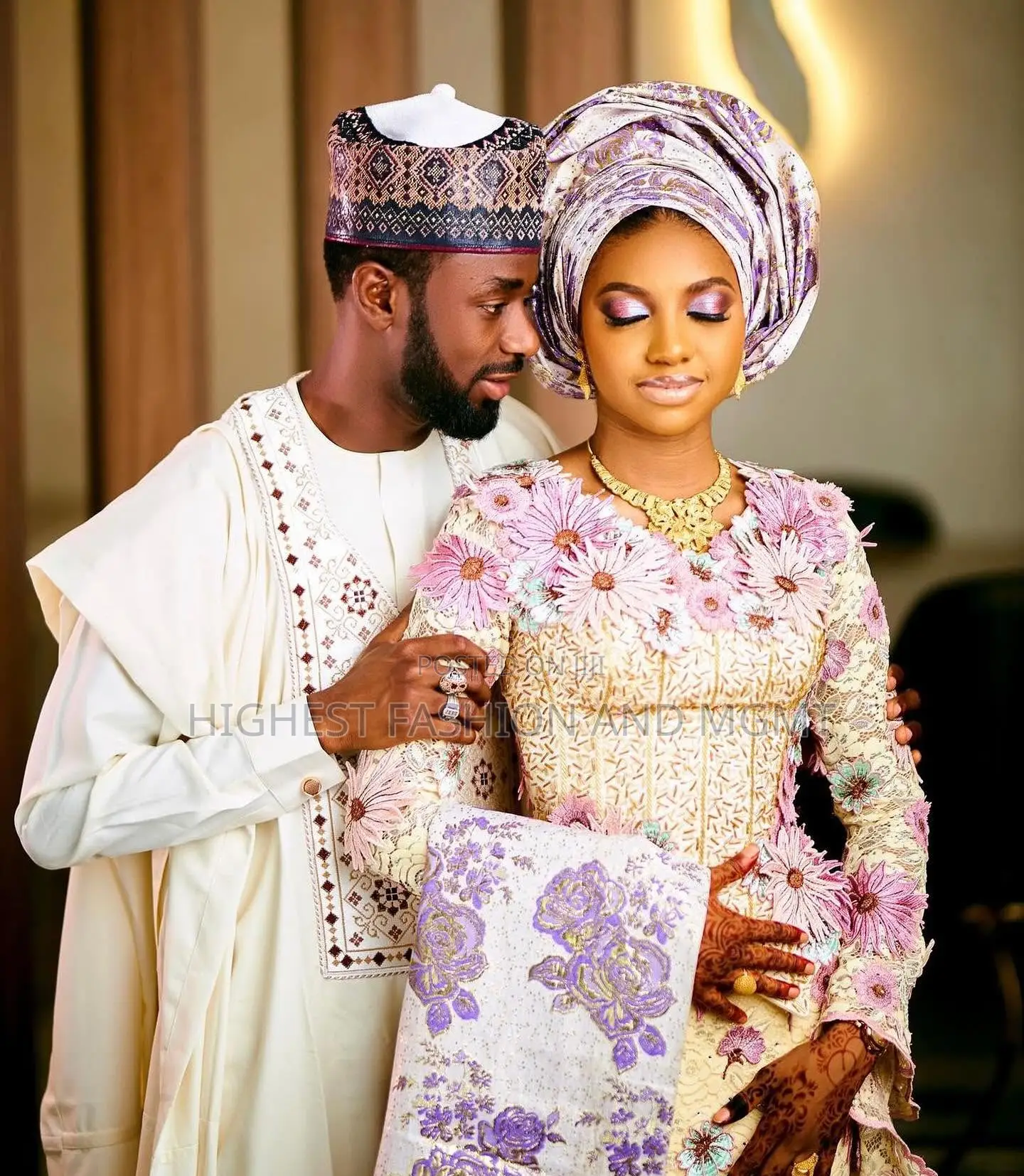 Floral Appliqué Lace Gown Embroidered Agbada Set
