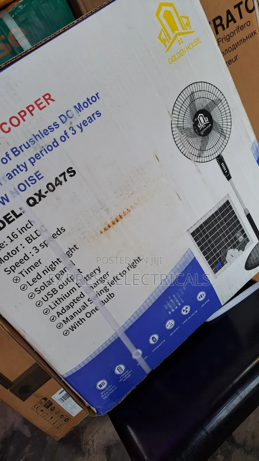 Brand New Golden House Solar Rechargeable Standing Fan