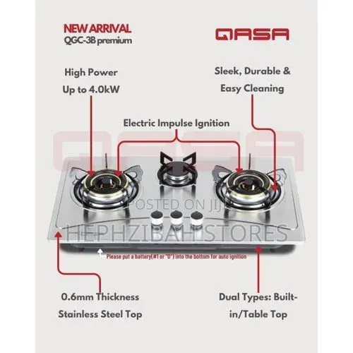 Qasa 3- Burner Stainless Steel Inbuilt Gas Cooker-Auto Ignition
