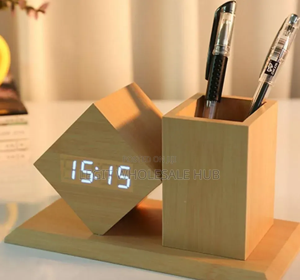 Wooden Digital Alarm Clock With Pen Holder