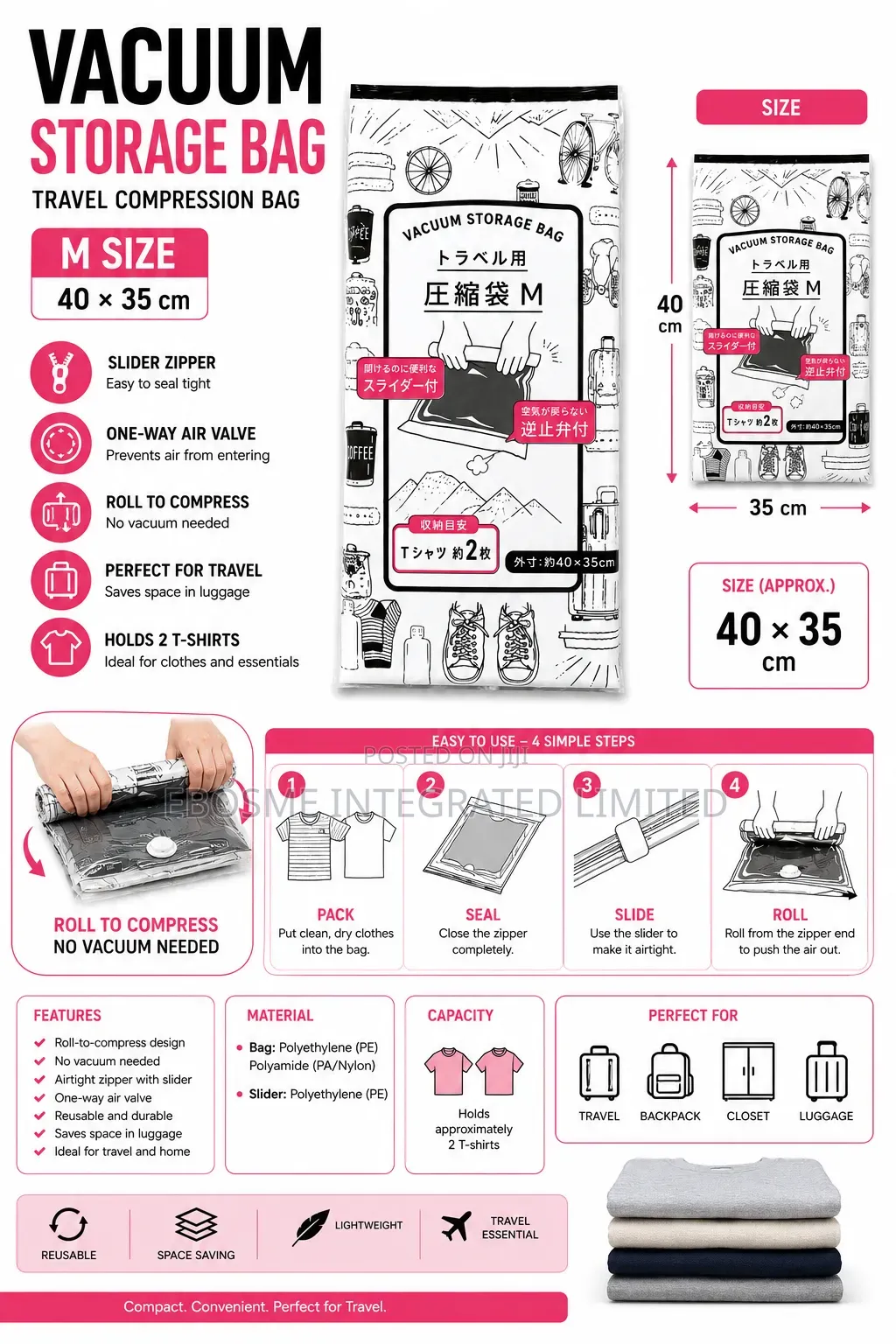M Size (40 × 35 Cm) Travel Vacuum Storage Bag