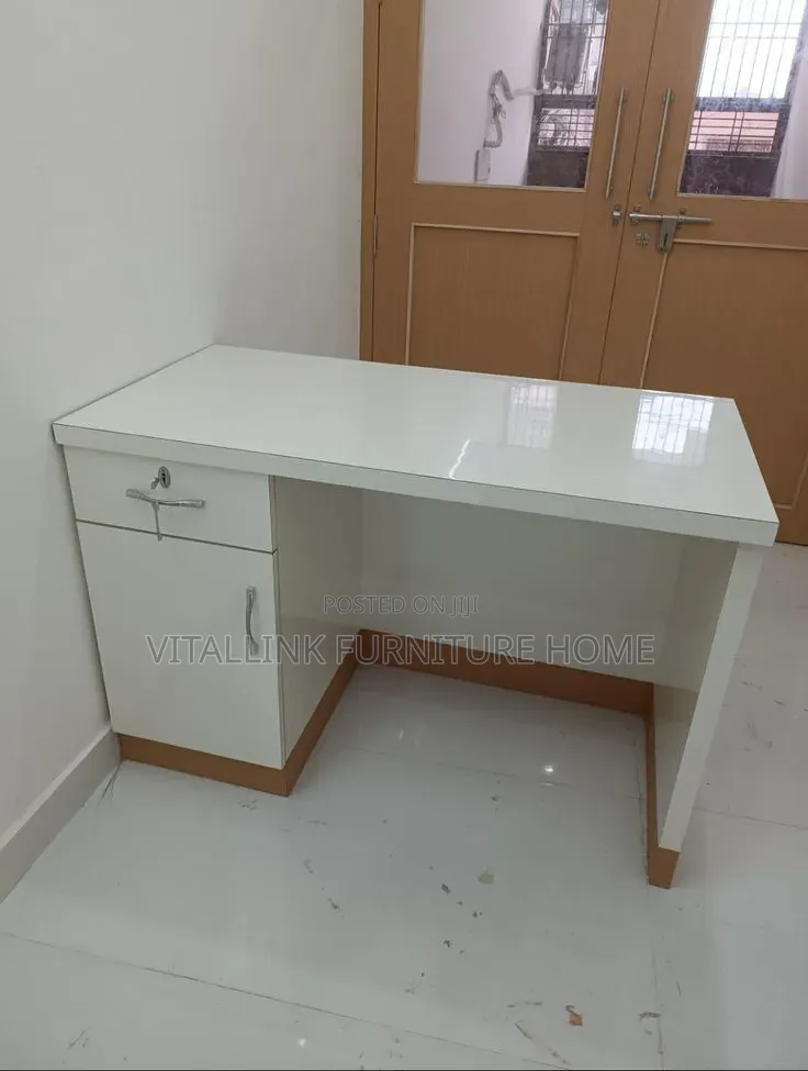 Modern White Gloss Study Desk With Lockable Drawer Cabinet