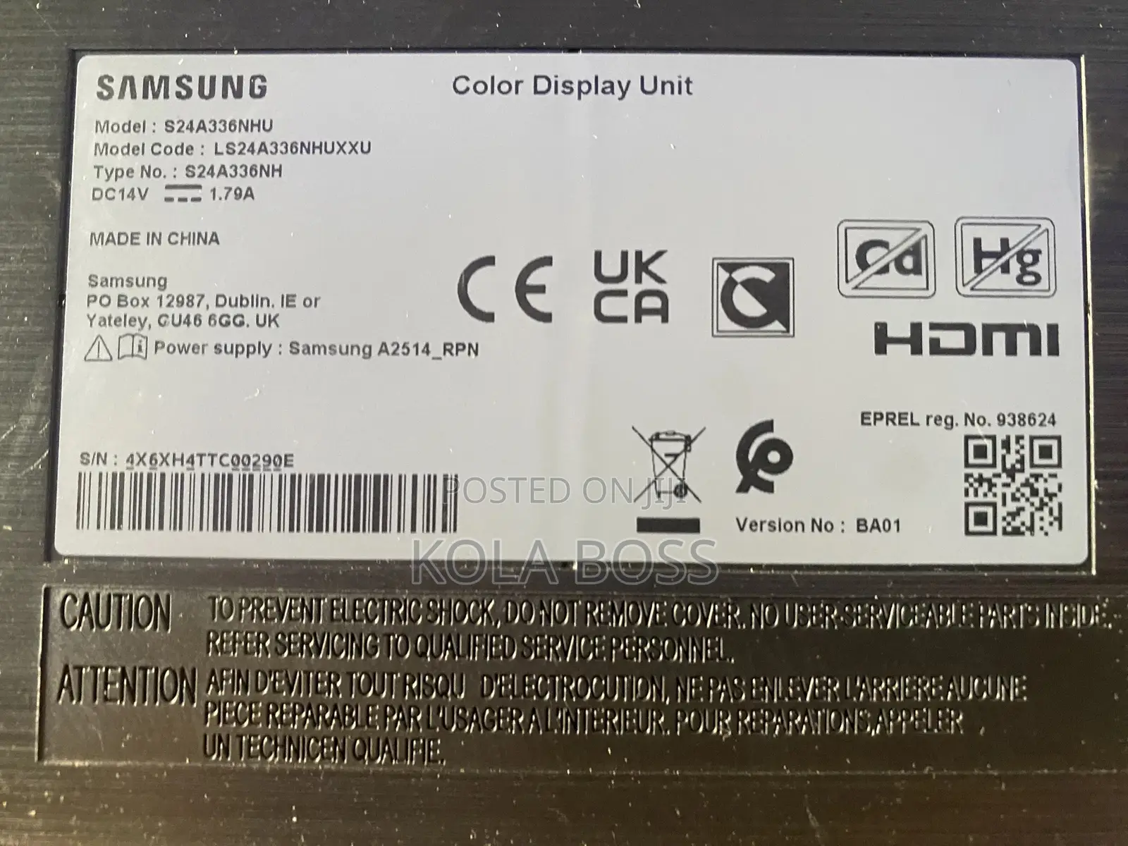 Samsung S24A336NHU Monitor Model:LS24A336NHUX/Xu