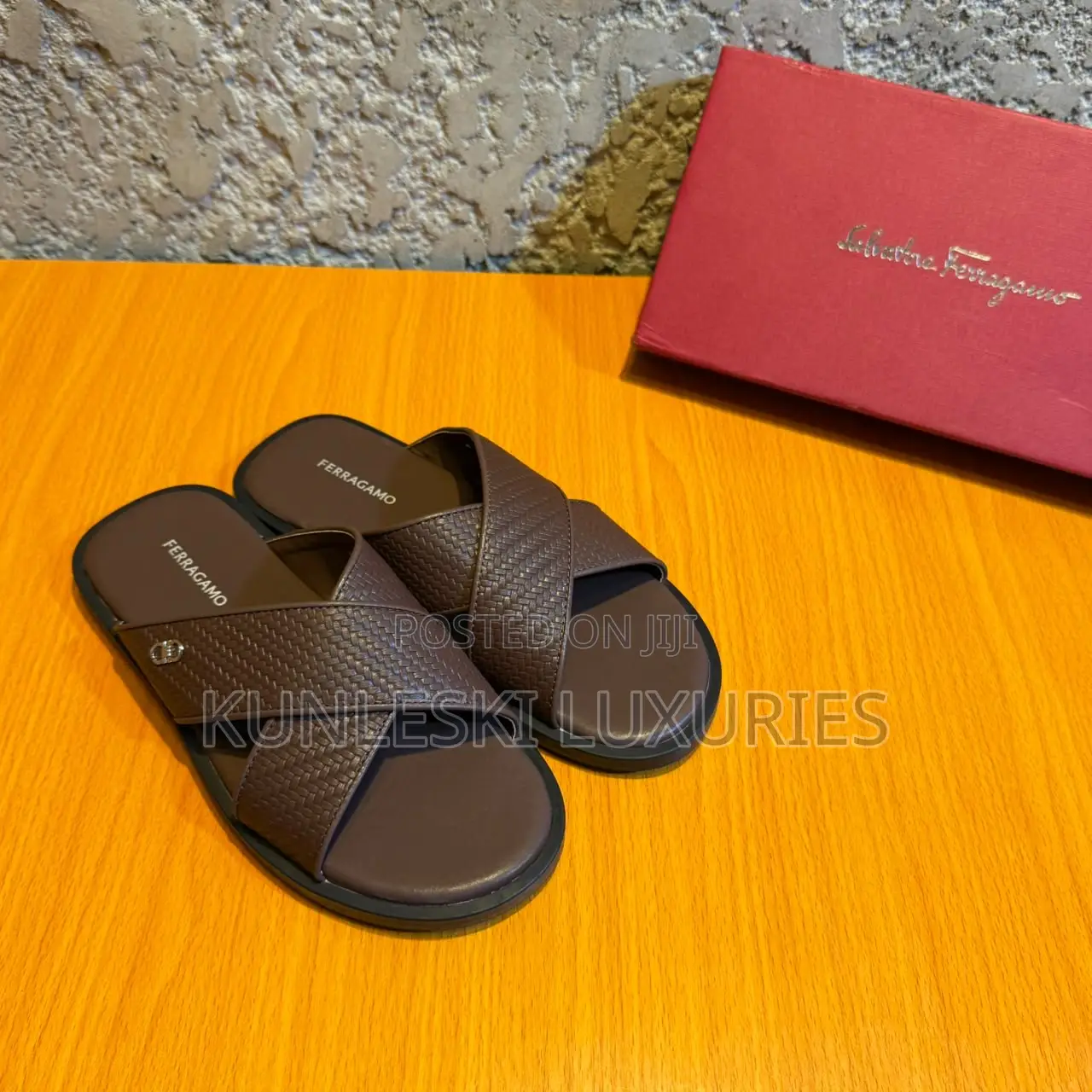 Original Ferragamo Cross Leather Slippers