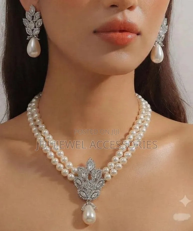 Silver Double-Layer Pearl Ladies Necklace With Statement Earrings,