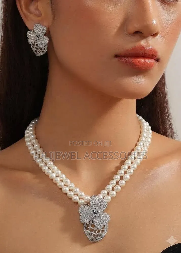 Silver Double-Layer Pearl Ladies Necklace With Statement Earrings,