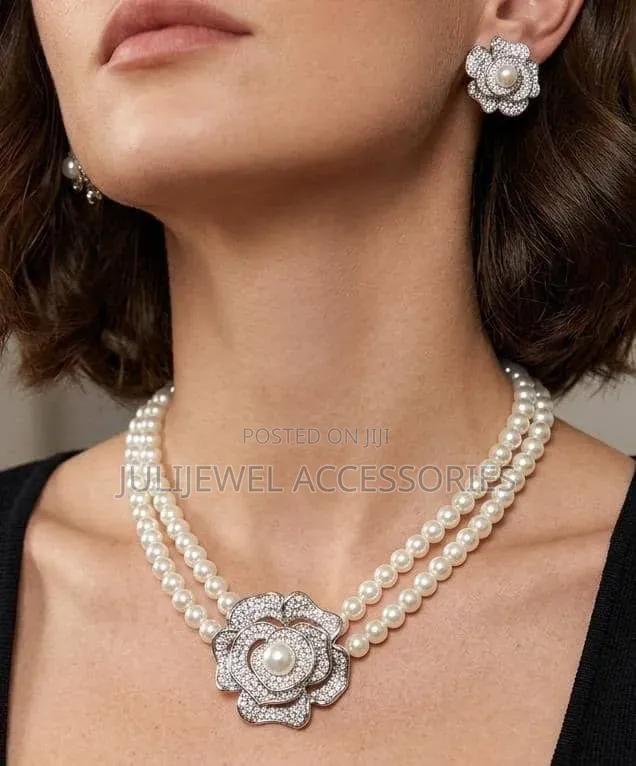 Silver Double-Layer Pearl Ladies Necklace With Statement Earrings,